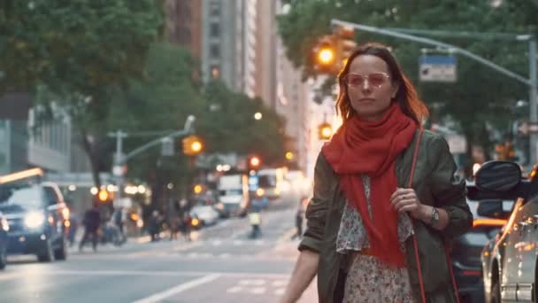Attraktiva Flicka Fångar Taxi Manhattan — Stockvideo