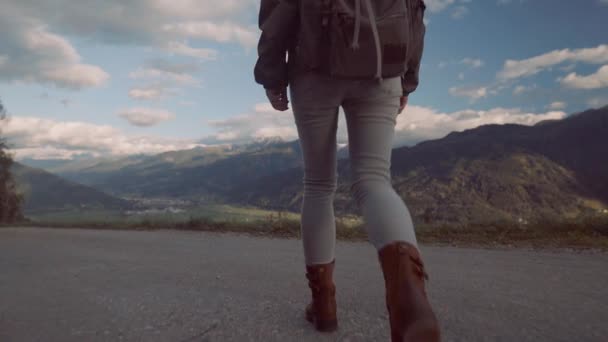 山でバックパックを持つ若い旅行者 — ストック動画