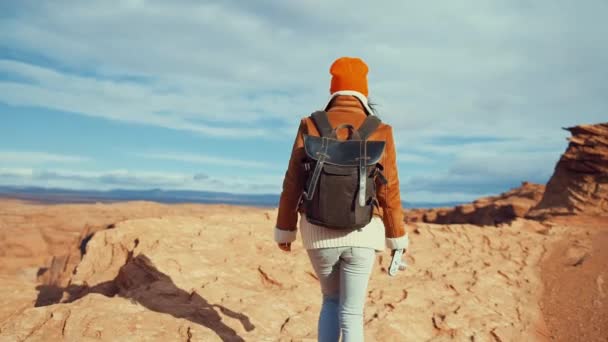 Ung flicka med en ryggsäck — Stockvideo