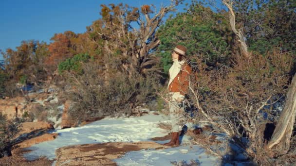 Ung kvinna med retrokamera i Grand Canyon — Stockvideo