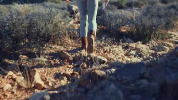 Молодая девушка путешествует по пустыне — стоковое видео