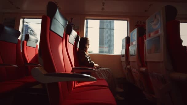 Молодая девушка в поезде — стоковое видео