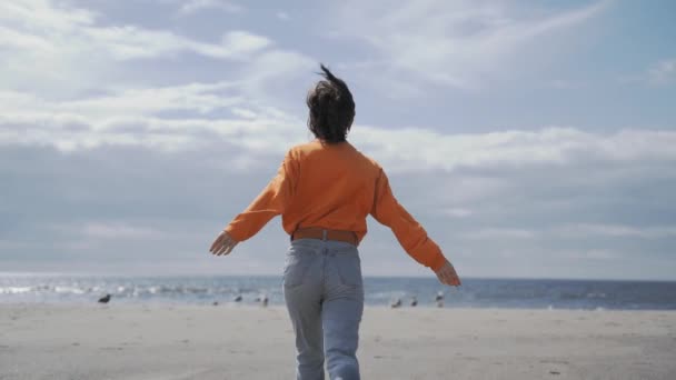 Happy Girl Flock Seagulls Beach — Stock Video