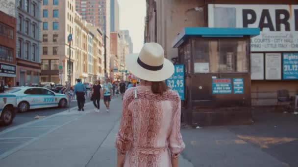 Hermosa Joven Caminando Ciudad Nueva York — Vídeos de Stock