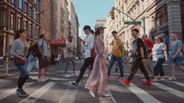 Hermosa Chica Cruzando Calle Nueva York — Vídeos de Stock