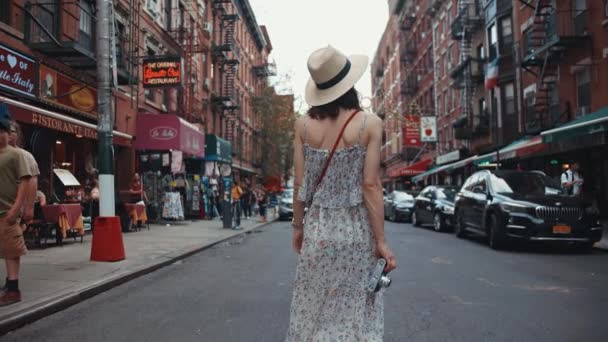 Muchacha Atractiva Vestido Caminando Chinatown — Vídeos de Stock