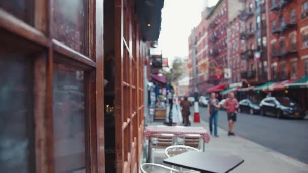 Leende Flicka Lämnar Ett Kafé New York — Stockvideo