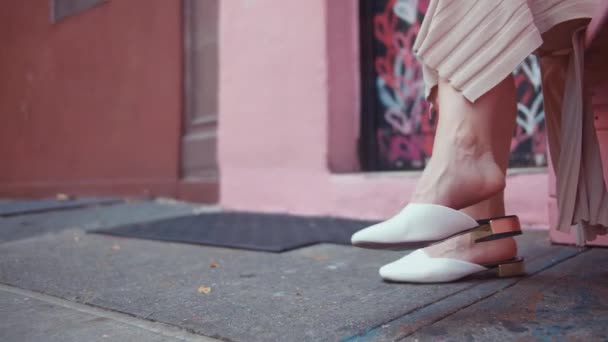 Frauenbeine Schönen Schuhen Auf Rosa Wandhintergrund — Stockvideo