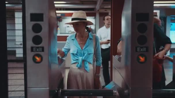 Attractive Girl Passing Turnstile Subway — Stock Video