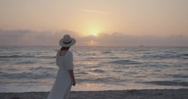 Junge Frau Meer Bei Sonnenuntergang Gedreht Auf Black Magic Cinema — Stockvideo
