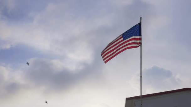 天气不好时 美国国旗在屋顶上飘扬 — 图库视频影像