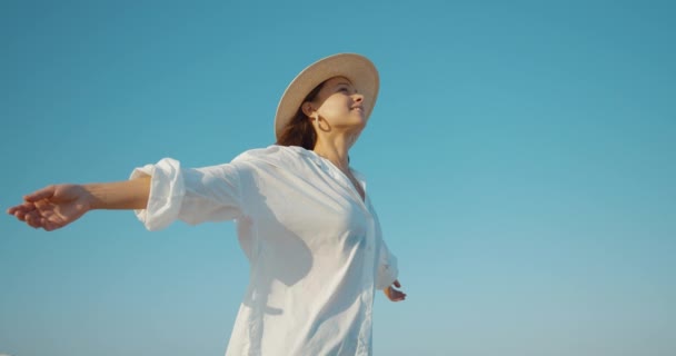 Jeune Femme Attrayante Sur Fond Ciel Bleu — Video