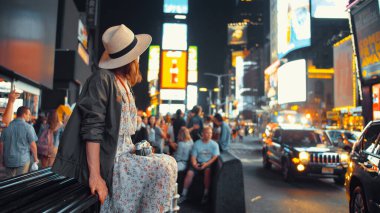 Times Meydanı, NYC 'de retro kameralı genç bir fotoğrafçı.