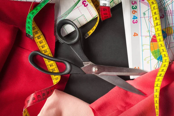 Sewing scissors with fabric — Stock Photo, Image