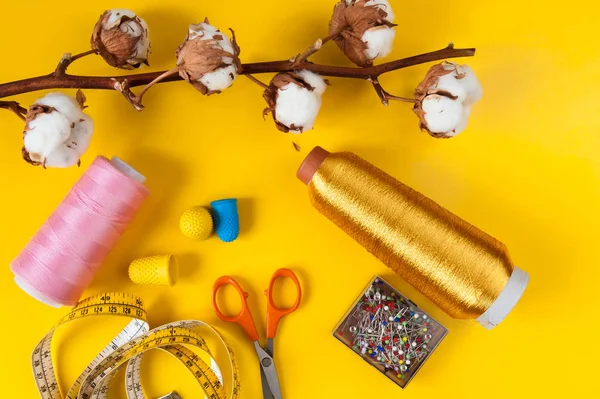 Sewing items with cotton bolls — Stock Photo, Image