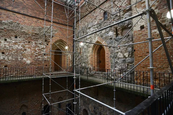 Échafaudages Pour Restauration Des Murs Château Médiéval — Photo