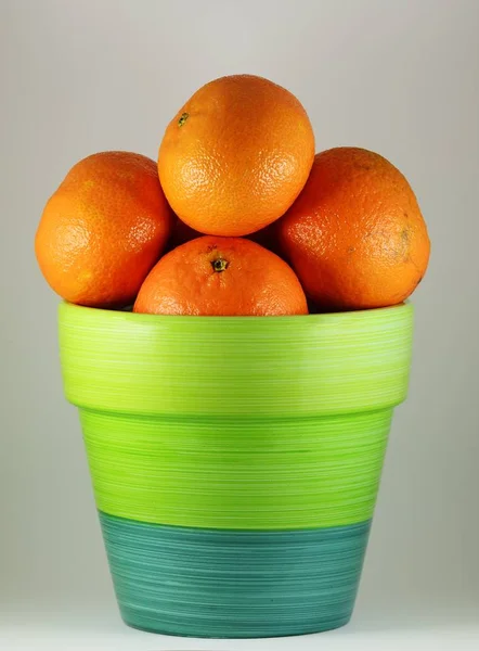 Mandarinas Una Maceta Cerámica Rayada Sobre Fondo Neutro —  Fotos de Stock