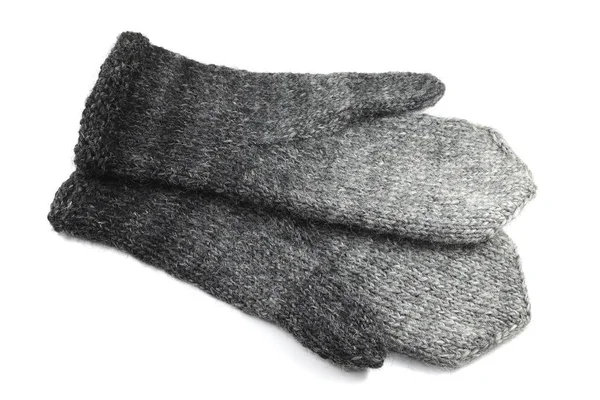 Wool Gray Knitted Mittens White Background — Stock Photo, Image