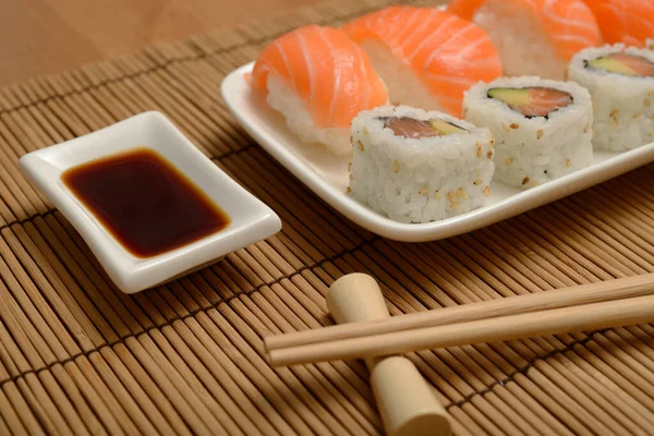 Chopsticks Soy Sauce Sushi Bamboo Mat — Stock Photo, Image