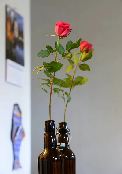 Rose Dark Glass Bottle Its Reflection Mirror — Stock Photo, Image