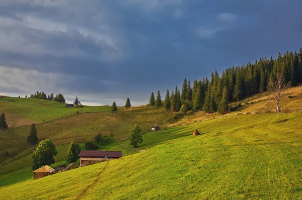 干草堆在山上的草甸 蓝天下美丽的田园风光与夏日的乌云 — 图库照片