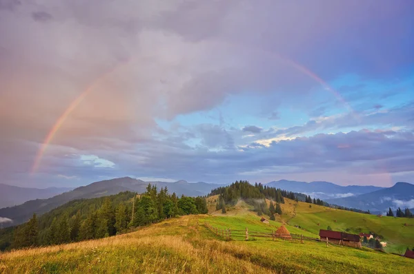 Mountain Nature Photo Background Bright Rainbow Dramatic Cloudy Sky — Stock Photo, Image