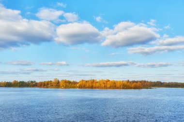 Kum yapraklarda sonbahar ağaçlar Nehri yakınında. Güneşli bir günde manzara
