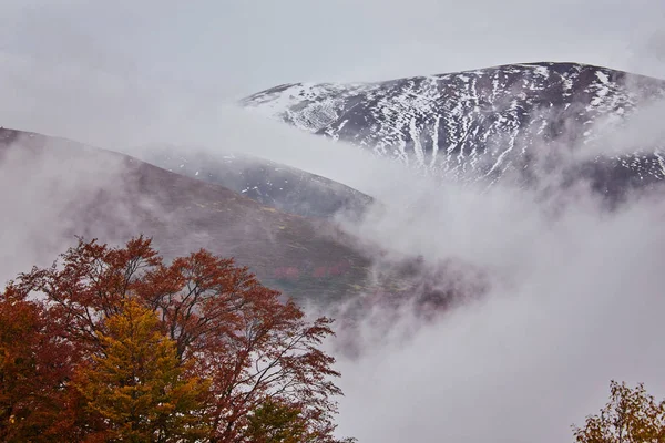 Mountains Fog Peaks Heavy Clouds Silent Autumn Landscape Snow Hills — Stock Photo, Image