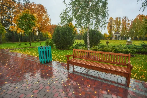 Herbst Parkbank Regnerische Textur Hintergrund Regen Herbstpark Wassertropfen Wind — Stockfoto