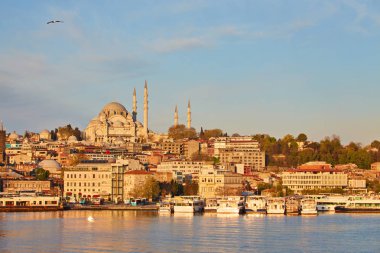 Istanbul cityscape tekneler ve Süleymaniye Camii, Türkiye.