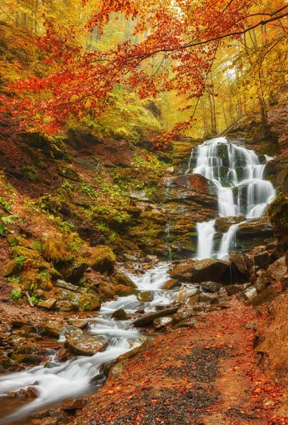 Schöner Wasserfall Gebirgsfluss Buntem Herbstwald Mit Roten Und Orangen Blättern — Stockfoto