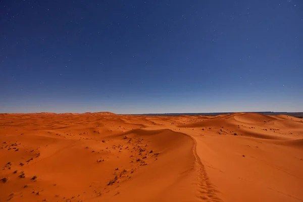 Sterren in de nacht over de duinen, Sahara woestijn, Marokko — Stockfoto