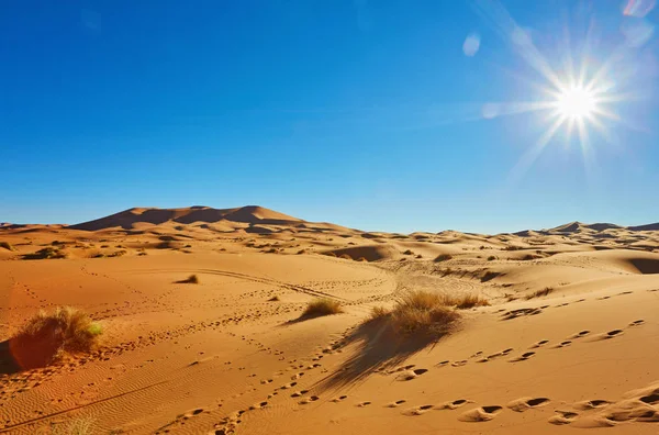 Pôr do sol no deserto do Saara perto de Merzuga, Marrocos — Fotografia de Stock