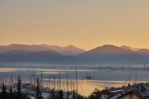 Beau Coucher Soleil Voiliers Luxe Fethiye Harbour — Photo