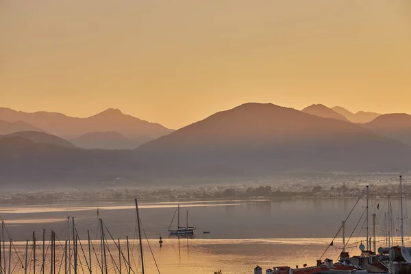 Belo Pôr Sol Iates Luxo Fethiye Harbour — Fotografia de Stock