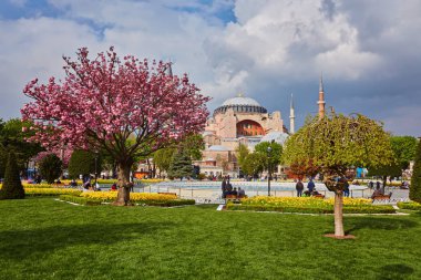 Istanbul'da Ayasofya. Ayasofya Bazilikası Türkiye'nin en iyi bilinen manzaraları biridir. Ayasofya'nın veya mavi gökyüzü arka plan üzerinde Aya Sofya. Ayasofya'nın doğal görünümünü gün güneşli yaz.
