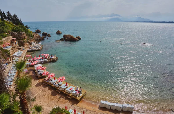 Panorama Antalya Coast Tall Cliff Mermerli Beach Pier Old Port — Stock Photo, Image