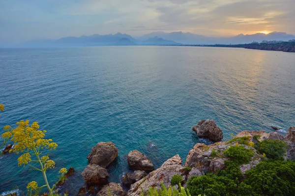 Antalya, Türkiye'de açık günbatımı gökyüzü yüksek dağlardan deniz manzarası timelapse. Deniz ve ön plan çiçekler.