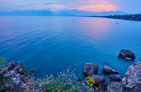 Paysage Marin Timelapse Hautes Montagnes Sur Ciel Clair Couchant Antalya — Photo