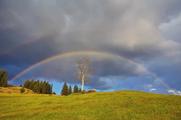 Mountain Nature Photo Background Bright Rainbow Dramatic Cloudy Sky — Stock Photo, Image