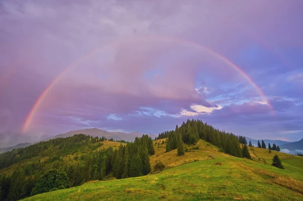 Mountain Nature Photo Background Bright Rainbow Dramatic Cloudy Sky — Stock Photo, Image