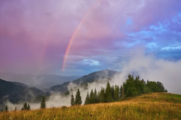 Mountain Nature Photo Background Bright Rainbow Dramatic Cloudy Sky — Stock Photo, Image