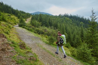 dağlarda yolda sırt çantası ile turizm