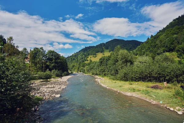 Řeka Hluboko Horském Lese Složení Přírody — Stock fotografie