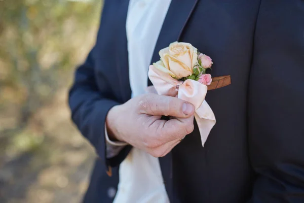 Χέρια Του Γαμπρού Της Γάμου Ετοιμάζεται Κοστούμι — Φωτογραφία Αρχείου