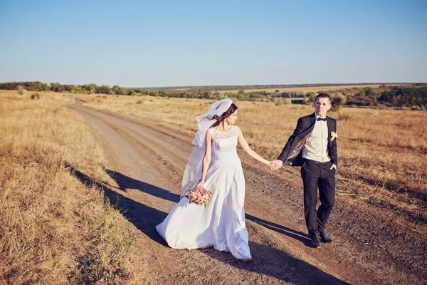 Молода Весільна Пара Насолоджується Романтичними Моментами Надворі Літньому Лузі — стокове фото