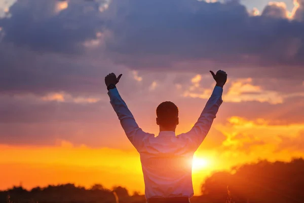 Happy businessman, standing in field over wind background with his hands up and thumbs up — Stock Photo, Image