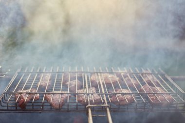 Ormanda Barbekü. doğaya karşı. Barbekü et pişirme işlemi, çekim.