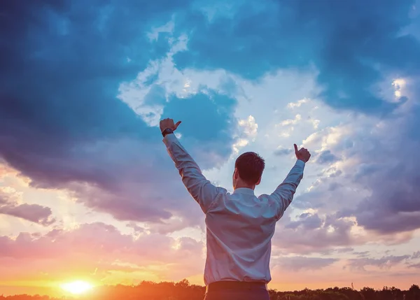 Hombre de negocios en campo verde y puesta de sol —  Fotos de Stock