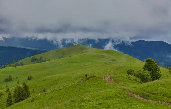 Sammansatta landskap. staket nära korsa vägen på hillside äng i bergen. — Stockfoto